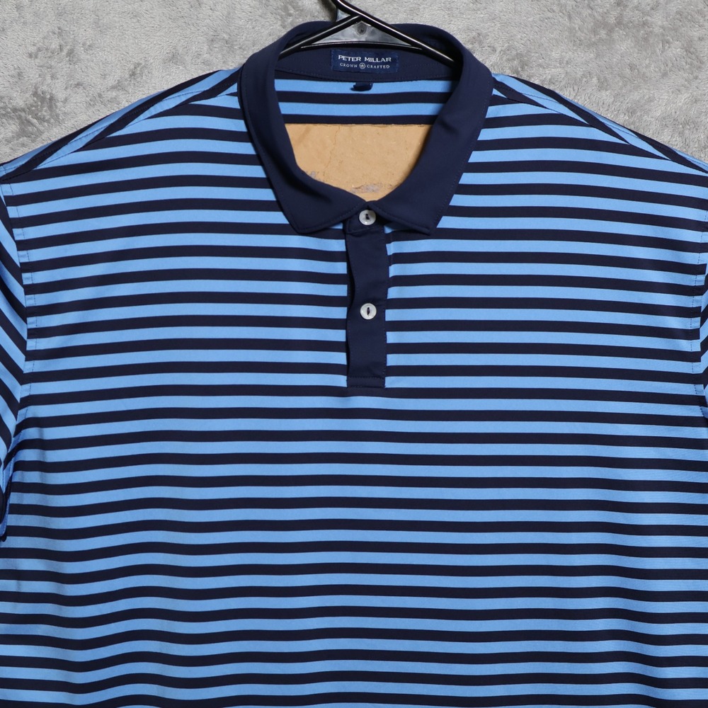 Peter Millar Polo Shirt Mens XL Blue Black Striped Crown Crafted Golf Preppy